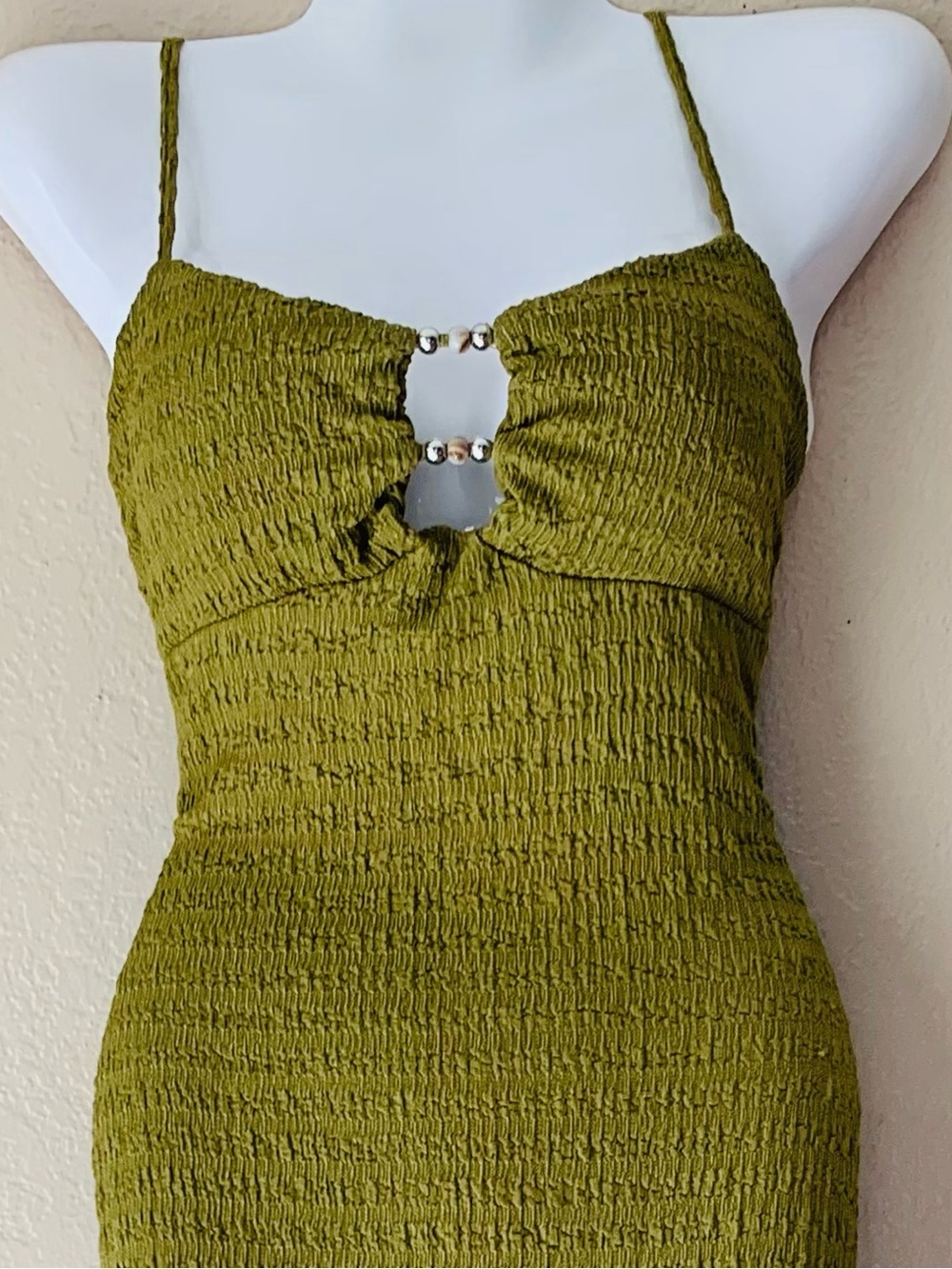 Derek Heart Y2K Moss Green Textured Baby Doll Retro Maxi Dress Size M - Picture 3 of 11